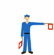 Letter F of the nautical semaphore flag signaling system.