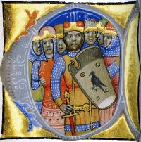 Árpád and the six other chieftains of the Magyars. From the Chronicon Pictum. It showing the shield with the Royal House of Arpad emblem, a black sitting jackdaw.