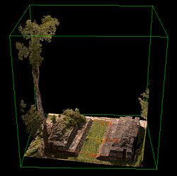 Photo-textured Laser scan 3D elevation of a Tikal ball court located in the Great Plaza, showing measurements and dimensions.