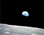 Earthrise as seen from lunar orbit on Apollo 8, December 24, 1968. The moon always presents the same face to the Earth. Consequently, our planet, when viewed from the moon, does not rise or set, but is always located in the same position in the sky.