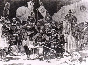 Saigo Takamori (seated, in Western uniform), surrounded by his officers, in samurai attire. News article in Le Monde Illustré, 1877.