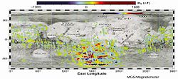Strength of Mars' magnetic field (red and blue indicate stronger than average areas)