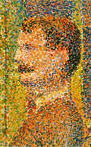 Detail from Seurat's La Parade (1889), showing his pointillist technique.