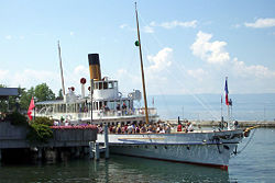 CGN paddle steamer Montreux leaving Évian-les-Bains in July 2002.