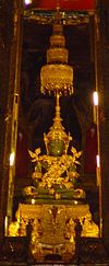 Closeup of Emerald Buddha in summer season attire