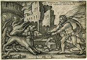 Hercules capturing Cerberus, Engraving by Sebald Beham 1540