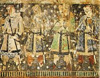 Sassanid influence didn't remain confined to its borders. In this depiction from Qizil, Tarim Basin China, The "Tocharian donors," are dressed in Sassanid style