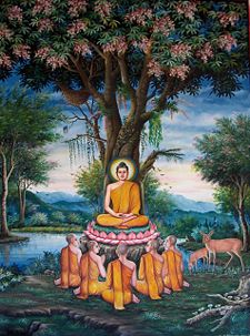 Painting of the Buddha's first sermon in which he elucidated the Four Noble Truths.