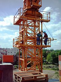 A "jack up" mast supporting a tower crane. The inner element is moved upward with jacks and a new outer section is assembled around the exposed portion.