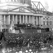 Photograph showing March 4, 1861 inauguration of Abraham Lincoln in front of U.S. Capitol