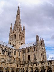 The richly decorated tower of Norwich Cathedral is surmounted by a fifteenth Century spire.