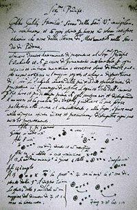 It was on this page that Galileo first noted an observation of the moons of Jupiter. This observation upset the notion that all celestial bodies revolve around the Earth. Galileo published a full description in Sidereus Nuncius in March 1610.