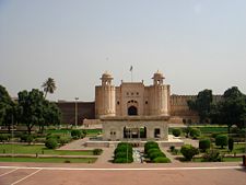 Alamgiri Gate, the main entrance to Lahore Fort, with Hazuri Bagh Pavilion in foreground