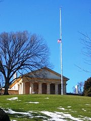 Arlington House. The flag is flown at half-staff from a half hour before the first funeral until a half hour after the last funeral each day.