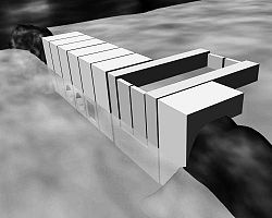 An artistic impression of a tidal barrage, including embankments, a ship lock and caissons housing a sluice and two turbines.