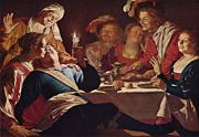 Gerard van Honthorst, 1623, like many works of the period, allows a genre scene with moral content.