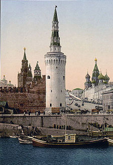 Kremlin towers with St. Basil's Cathedral, nineteenth-century image.