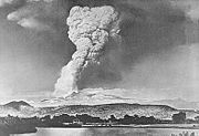 The "Great Explosion" eruption column of May 22, 1915, was seen as far as 150 mi (241 km) away (Photograph by R.E. Stinson)