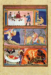 The Parable of Lazarus and Dives, illuminated manuscript, Codex Aureus of Echternach, c. 1035-1040 (Germanisches Nationalmuseum, Nürnberg)