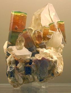 Tri-color Elbaite Crystals on Quartz, Himalaya Mine, San Diego Co., California, USA