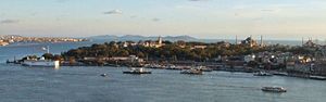 View of the Seraglio Point (Sarayburnu) on the Golden Horn as seen from Galata Tower, with the Sea of Marmara and the Princes' Islands in the background, and Kadıköy (ancient Chalcedon) at left, on the Asian side