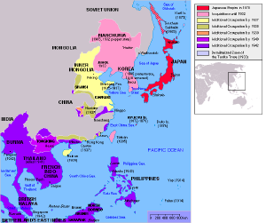 Japan's Imperial expansion began with the end of the Sino-Japanese war and the Treaty of Shimonoseki (1895). Further territory was added after the Russo-Japanese War of 1904-1905, and Japan continued to add territory until the Empire's defeat in 1945 in World War II. (Click on map to enlarge)