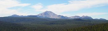 Brokeoff Mountain, Lassen Peak, and Chaos Crags, from left to right. The area of Lassen Peak that was lost during the 1914-1915 volcanic event is visible in this picture, encompassing the sliver of snow.
