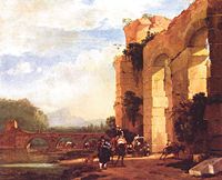 A 17th century painting titled Italian Landscape with the Ruins of a Roman Bridge and Aqueduct by Jan Asselijn (1610 – 1652).
