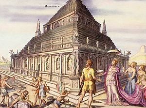 A fanciful interpretation of the Mausoleum of Maussollos, from a 1572 engraving by Martin Heemskerck