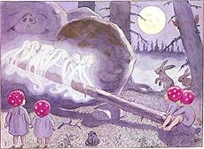 Little älvor (elves), playing with Tomtebobarnen (children of the forest). From Children of the Forest (1910) by Swedish author and illustrator Elsa Beskow.
