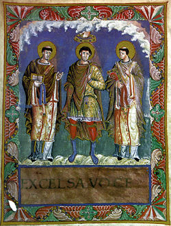 A Frankish king (center), like Charlemagne, depicted in the Sacramentary of Charles the Bald (about 870 C.E.).