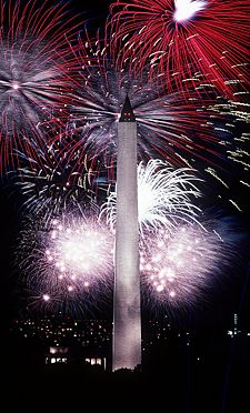 These fireworks over the reflecting pool between the Washington Monument and Lincoln Memorial are typical of Fourth of July celebrations