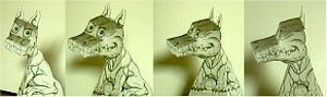 A paper hollow face dragon, shown from four angles across the 90 degree effective viewing area.