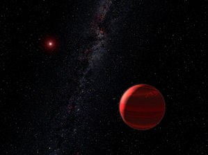 An artist's impression of a planet in orbit around a red dwarf.