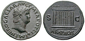 Nero coin, ca. 66. Ara Pacis on the reverse. Coin from CNG coins.