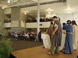 A modern performance of a morality play, performed in a church.