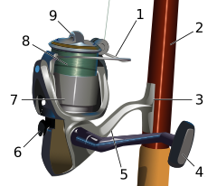 Spinning reel. 1: Pick up or bail 2: Reel seat 3: Reel foot 4: Handle 5: Support arm 6: Anti-reverse lever 7: Skirted spool 8: Fishing line 9: Drag adjustment knob.