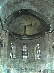 A simple cross: example of iconoclast art which replaced earlier Byzantine mosaics in the Hagia Irene Church in Constantinople