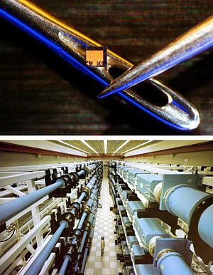 Lasers range in size from microscopic diode lasers (top) with numerous applications, to football field sized neodymium glass lasers (bottom) used for inertial confinement fusion, nuclear weapons research and other high energy density physics experiments.