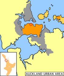 Schematic map of Auckland showing Auckland City in orange, the Greater Auckland Area in gray and the City Center located by the red circle.