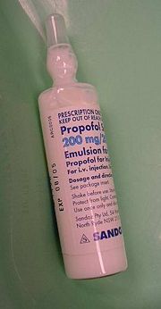 An ampule containing 20 milliliters of 1 percent propofol emulsion suitable for intravenous injection. Manufacturers emulsify the lipid-soluble propofol in a mixture of water, soy oil, and egg lecithin.