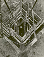 Charles Lindbergh took this picture of Robert H. Goddard's rocket, as he peered down the launching tower on Sept. 23, 1935, in Roswell, New Mexico.