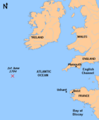 Map of the Atlantic Ocean showing the position of the naval battle on June 1 1794