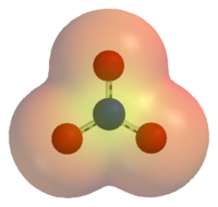 An electrostatic potential map of the nitrate ion. Areas colored red are lower in energy than areas colored yellow.
