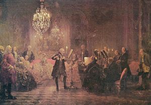 "The Flute Concert of Sanssouci" by Adolph von Menzel (1852), depicts Frederick the Great playing the flute in his music room at Sanssouci