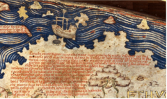 Detail of the Fra Mauro Map relating the travels of a junk into the Atlantic Ocean in 1420. The ship also is illustrated above the text.