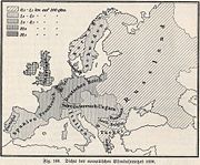 Density of the European railway net in 1896.