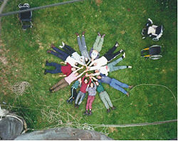 A group of Outward Bound participants with physical disabilities after completing a ropes course, 1996.