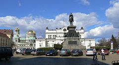 The edifice of the National Assembly of Bulgaria (center) in central Sofia