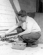 Civilian Public Service worker distributes rat poison for typhus control in Gulfport, Mississippi,  ca. 1945.
